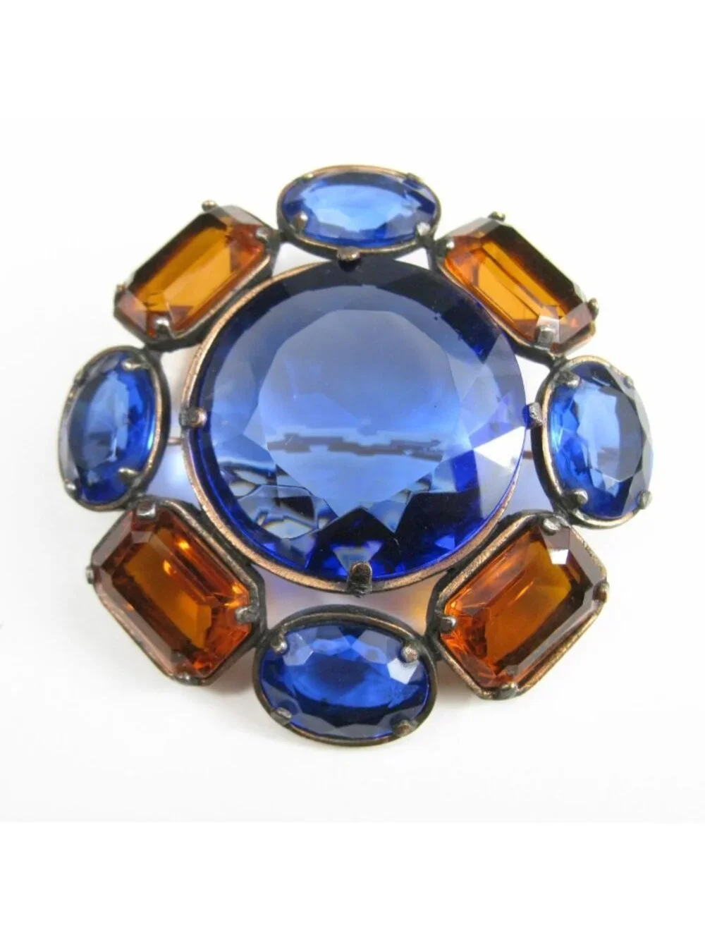 Yves Saint Laurent Vintage Statement Brooch Blue Glass Faceted Copper Tone READ